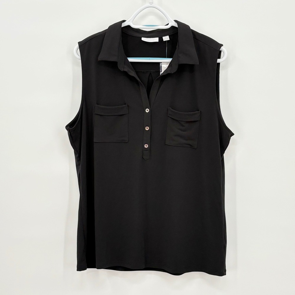 New York & Company Black Sleeveless Henley Blouse Stretch Collared Top XL NEW